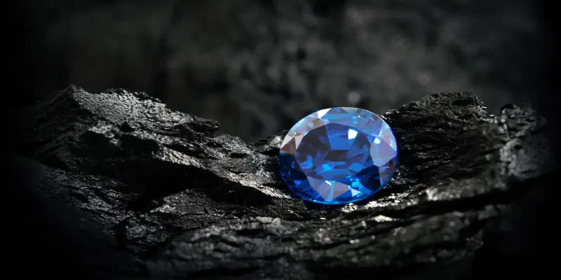 Blue sapphire gemstone on dark rock